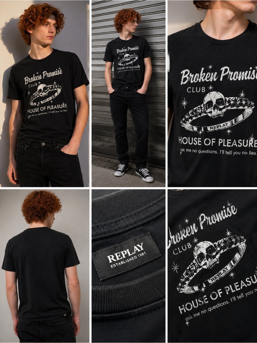 Replay Broken Promise Club Skull Tee Black Graphic T-Shirt Men M